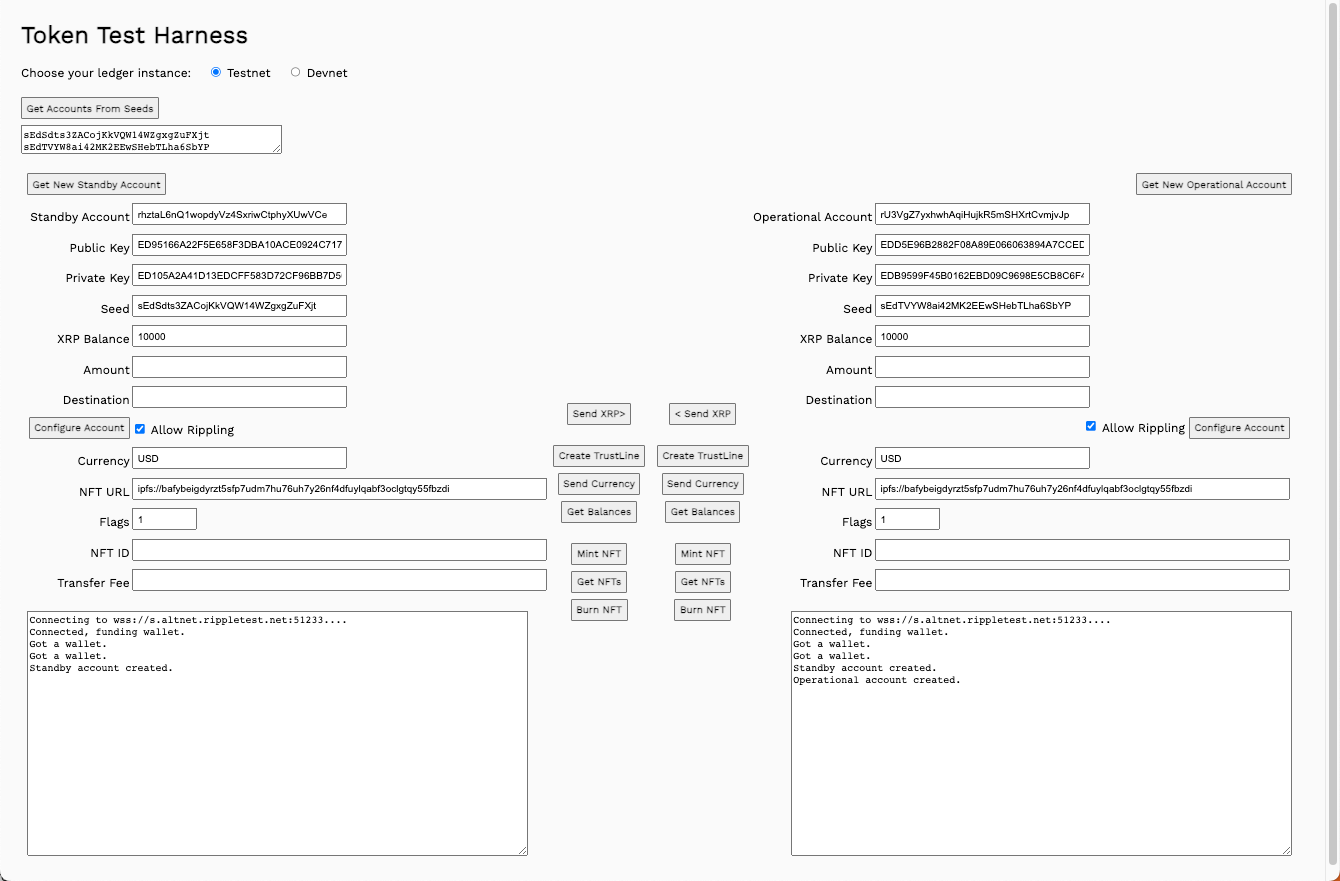 Screenshot: Token Test Harness to mint and burn NFTs