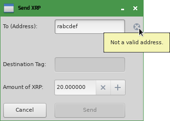 Screenshot: invalid address error icon with tooltip