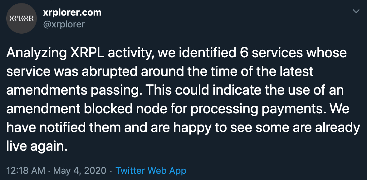 Xrplorer tweet about finding amendment blocked services